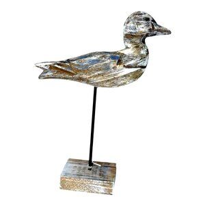 Rustic Wooden Duck Sculpture on Stand Coastal Decor Distressed Whitewashed